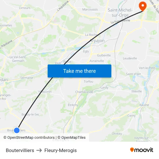 Boutervilliers to Fleury-Merogis map