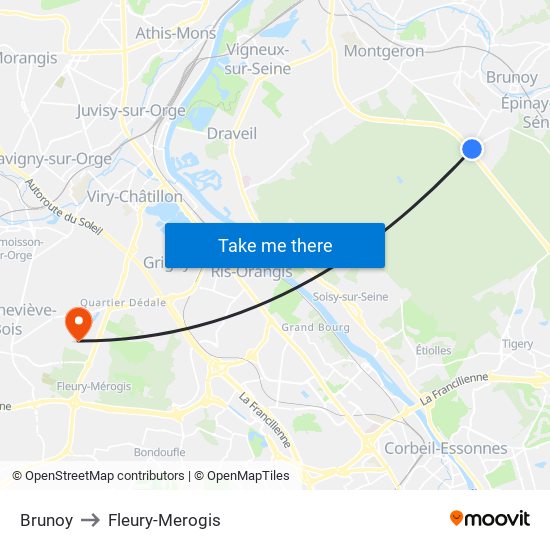 Brunoy to Fleury-Merogis map