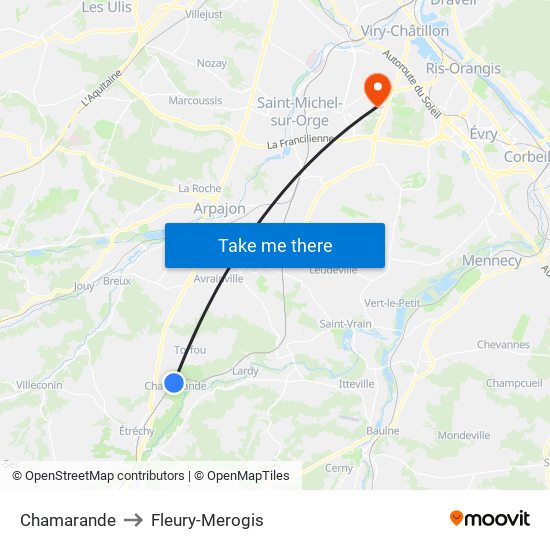 Chamarande to Fleury-Merogis map