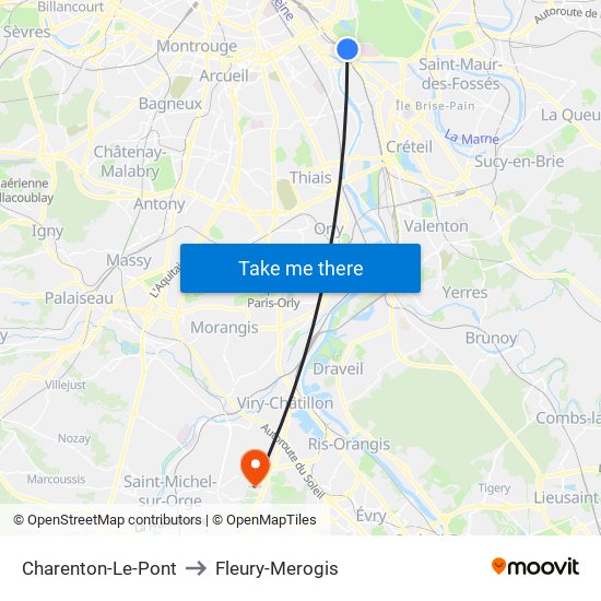 Charenton-Le-Pont to Fleury-Merogis map