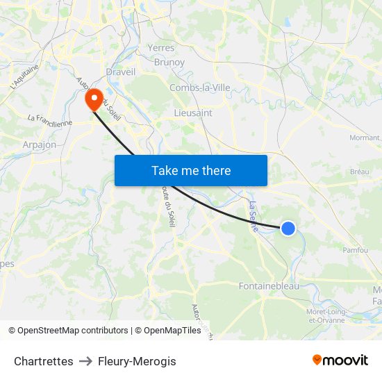Chartrettes to Fleury-Merogis map