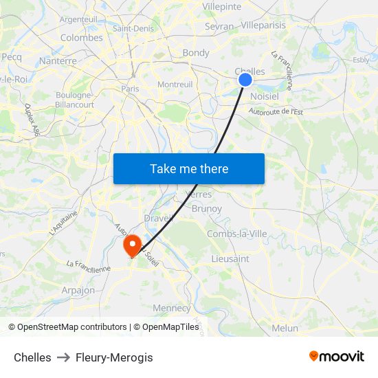 Chelles to Fleury-Merogis map