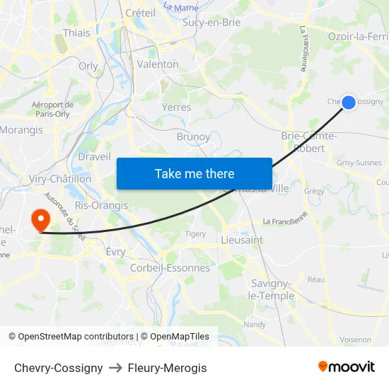 Chevry-Cossigny to Fleury-Merogis map