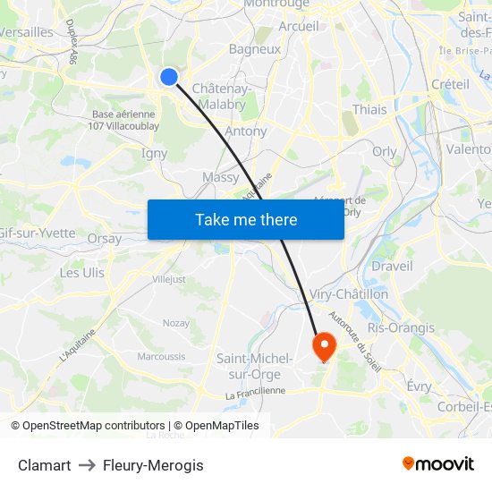 Clamart to Fleury-Merogis map