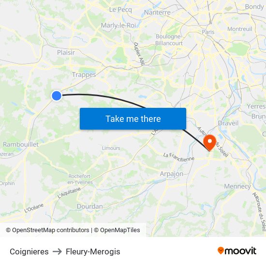 Coignieres to Fleury-Merogis map