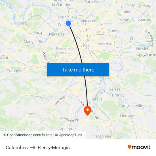 Colombes to Fleury-Merogis map