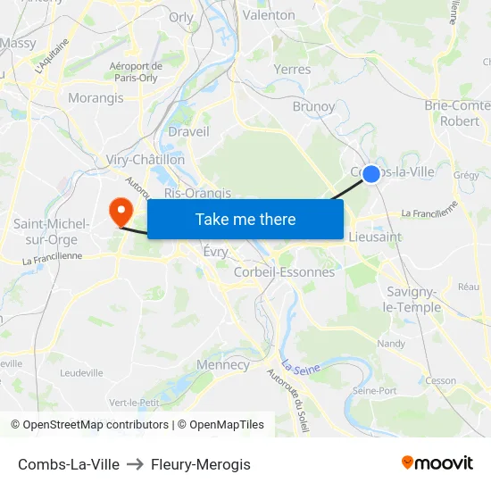 Combs-La-Ville to Fleury-Merogis map