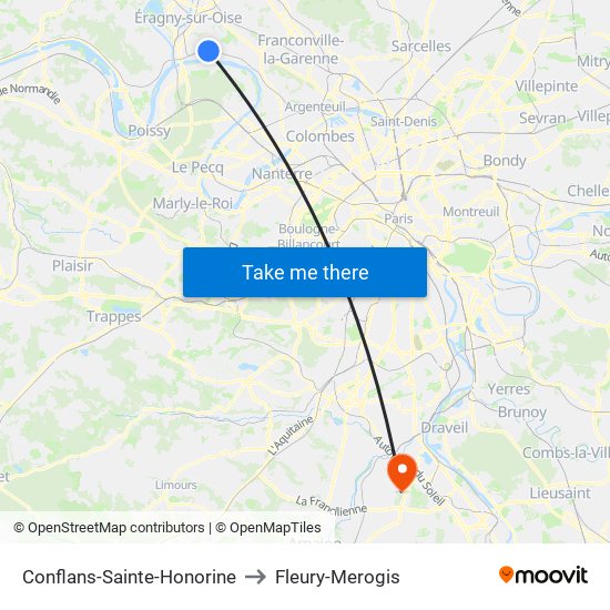 Conflans-Sainte-Honorine to Fleury-Merogis map