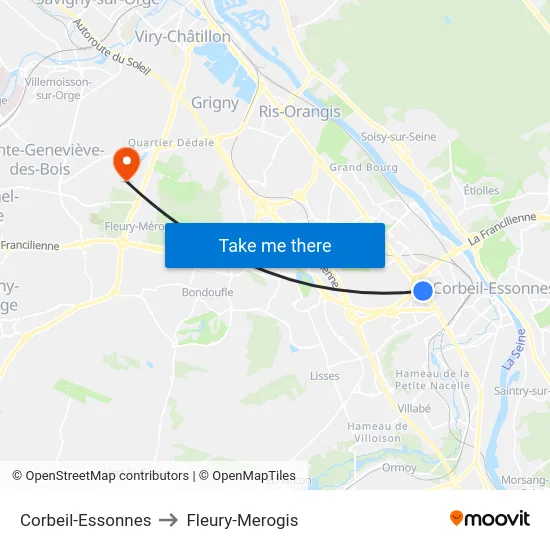 Corbeil-Essonnes to Fleury-Merogis map