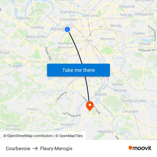 Courbevoie to Fleury-Merogis map