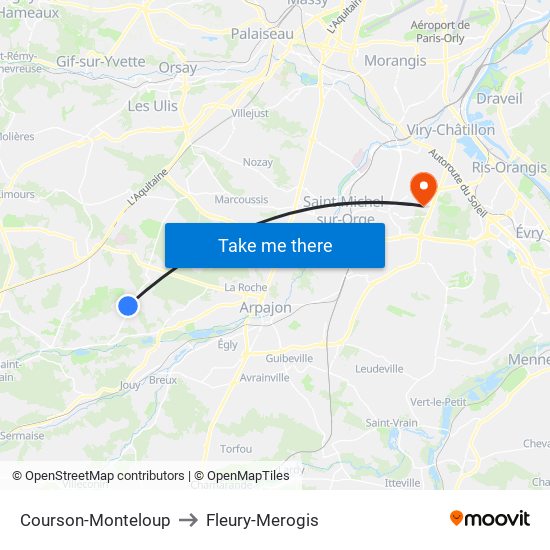 Courson-Monteloup to Fleury-Merogis map