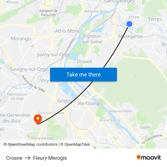 Crosne to Fleury-Merogis map