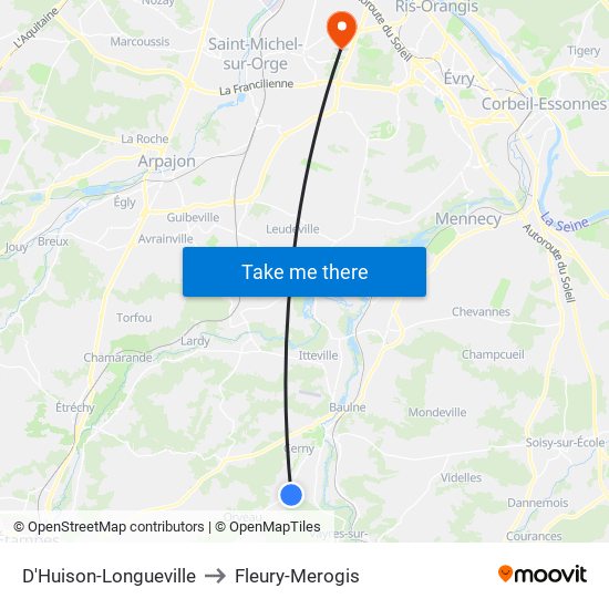 D'Huison-Longueville to Fleury-Merogis map