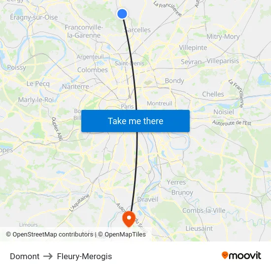Domont to Fleury-Merogis map
