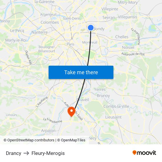 Drancy to Fleury-Merogis map