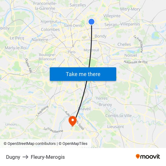 Dugny to Fleury-Merogis map