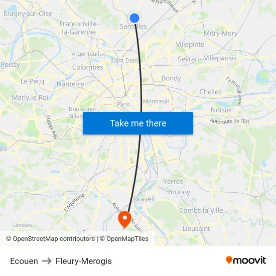 Ecouen to Fleury-Merogis map