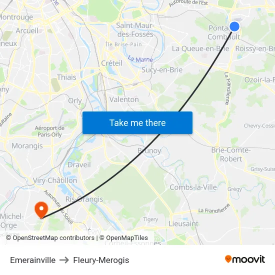 Emerainville to Fleury-Merogis map