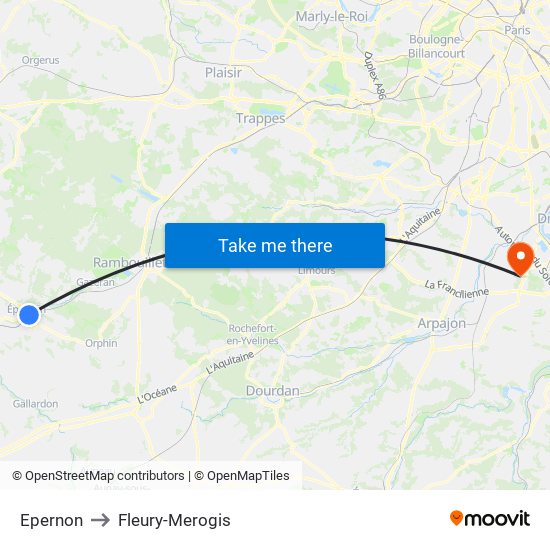Epernon to Fleury-Merogis map