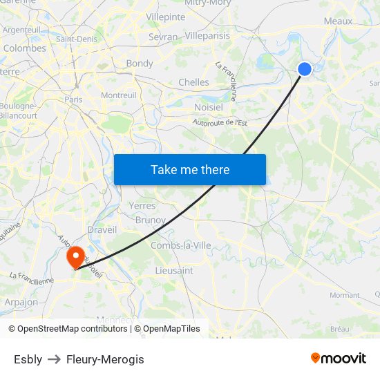 Esbly to Fleury-Merogis map