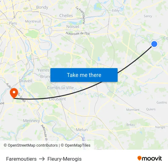 Faremoutiers to Fleury-Merogis map