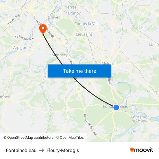 Fontainebleau to Fleury-Merogis map