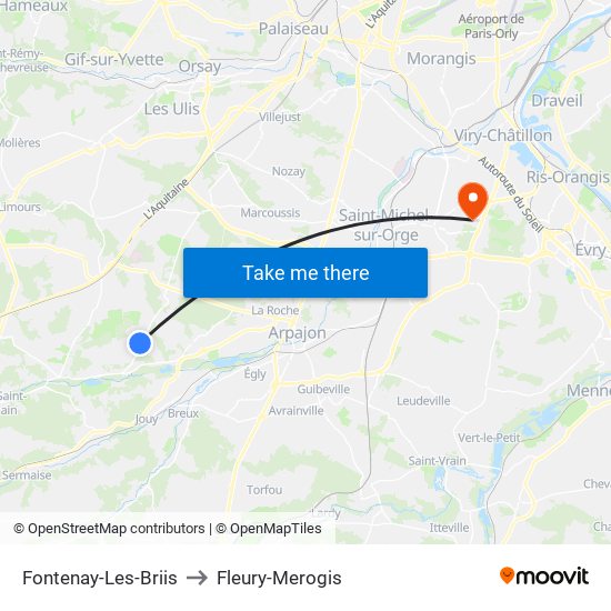 Fontenay-Les-Briis to Fleury-Merogis map