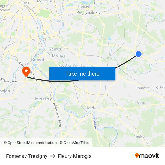 Fontenay-Tresigny to Fleury-Merogis map
