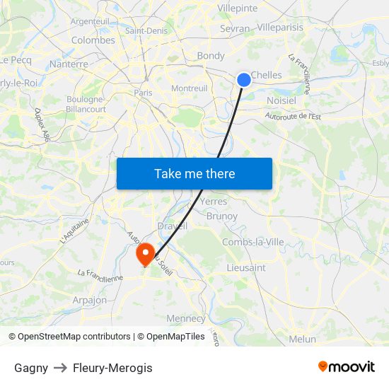 Gagny to Fleury-Merogis map