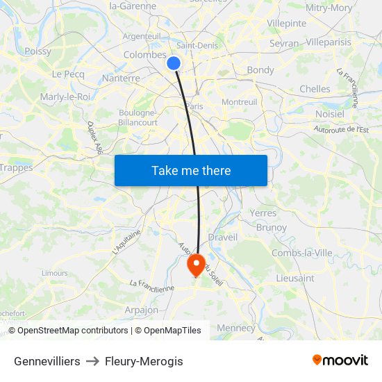 Gennevilliers to Fleury-Merogis map