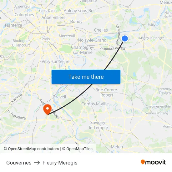 Gouvernes to Fleury-Merogis map