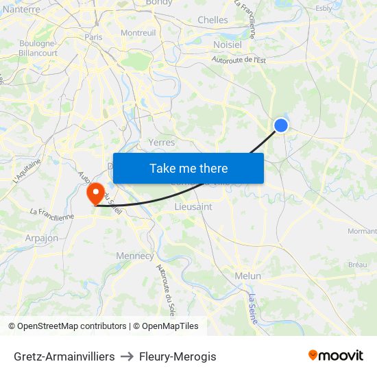 Gretz-Armainvilliers to Fleury-Merogis map