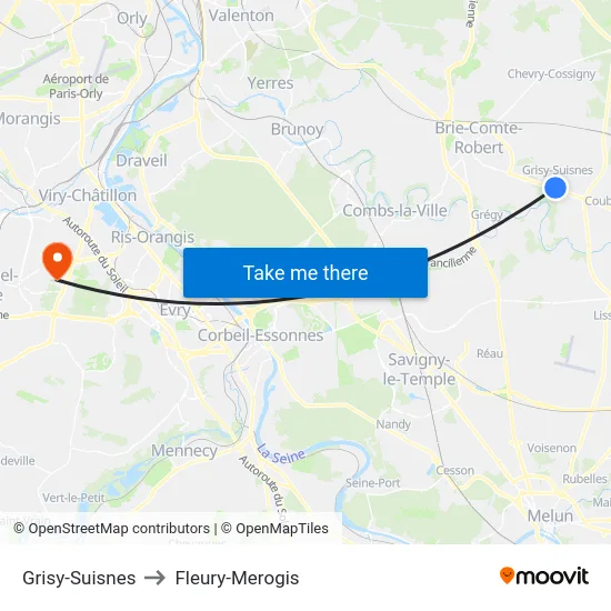 Grisy-Suisnes to Fleury-Merogis map