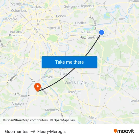 Guermantes to Fleury-Merogis map