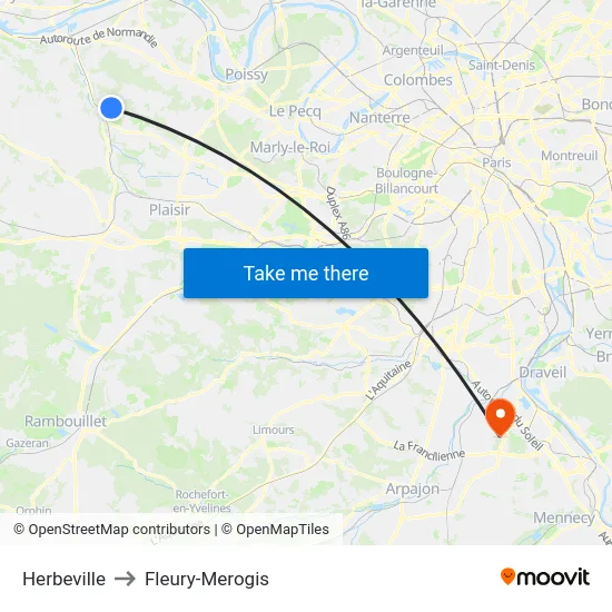 Herbeville to Fleury-Merogis map
