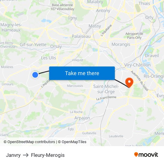 Janvry to Fleury-Merogis map