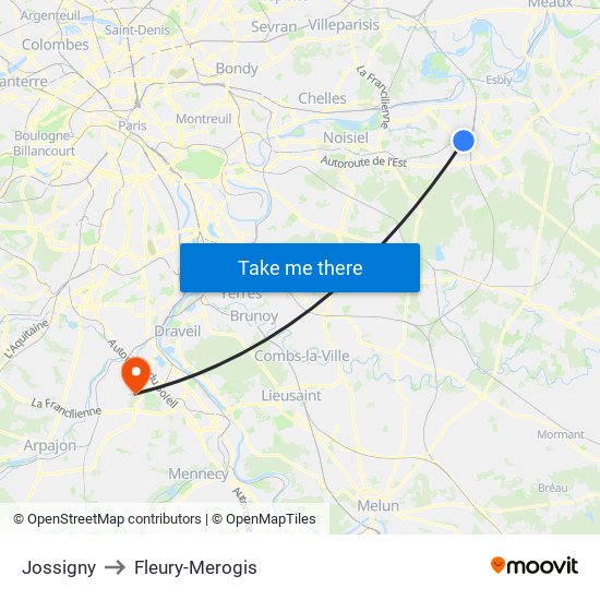 Jossigny to Fleury-Merogis map