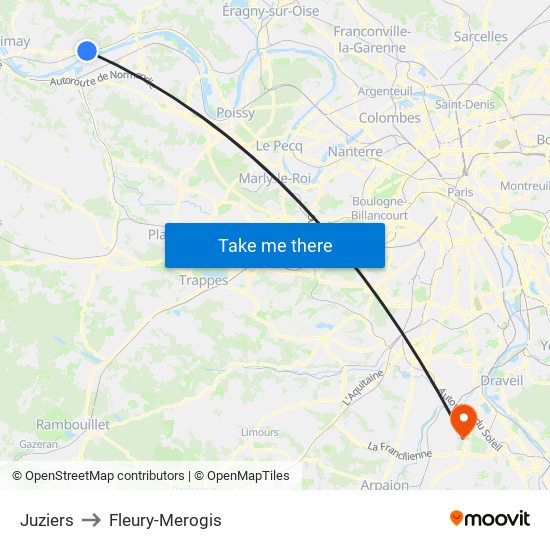 Juziers to Fleury-Merogis map