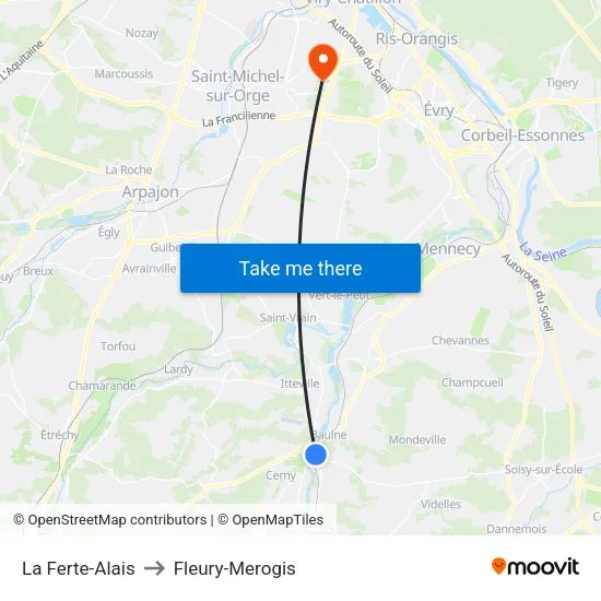 La Ferte-Alais to Fleury-Merogis map