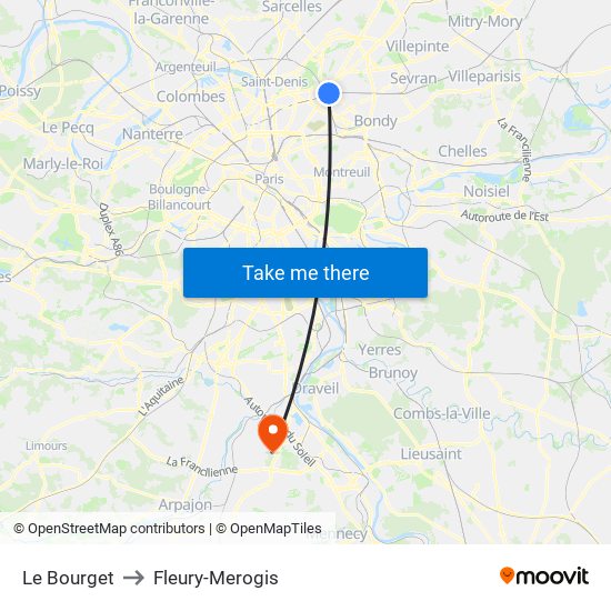 Le Bourget to Fleury-Merogis map
