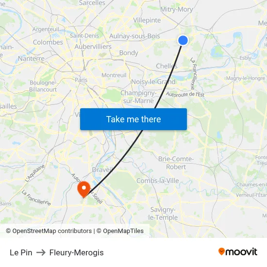 Le Pin to Fleury-Merogis map