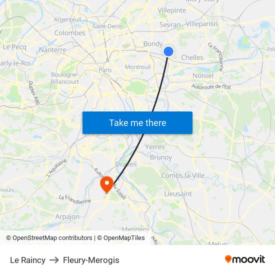Le Raincy to Fleury-Merogis map