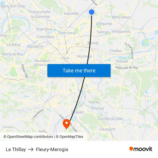 Le Thillay to Fleury-Merogis map