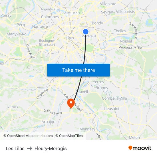 Les Lilas to Fleury-Merogis map