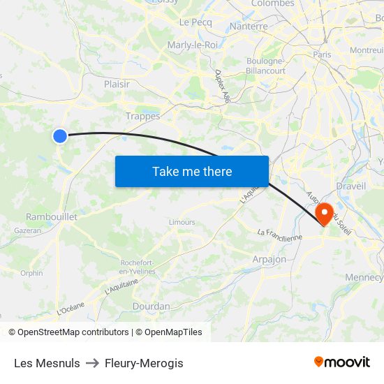 Les Mesnuls to Fleury-Merogis map