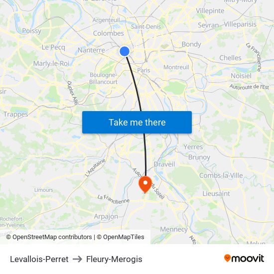 Levallois-Perret to Fleury-Merogis map