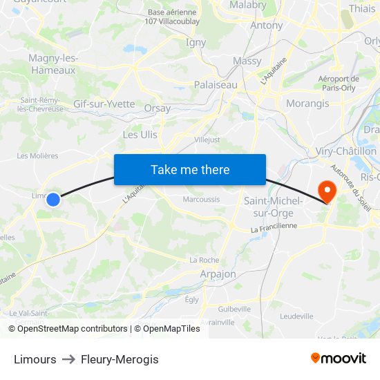 Limours to Fleury-Merogis map