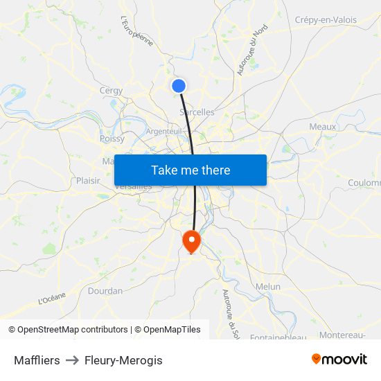 Maffliers to Fleury-Merogis map