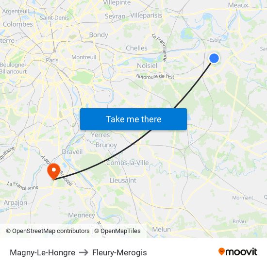 Magny-Le-Hongre to Fleury-Merogis map
