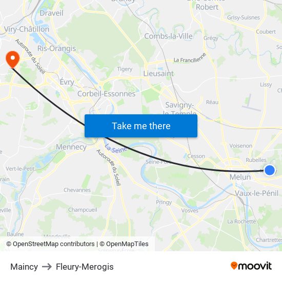 Maincy to Fleury-Merogis map